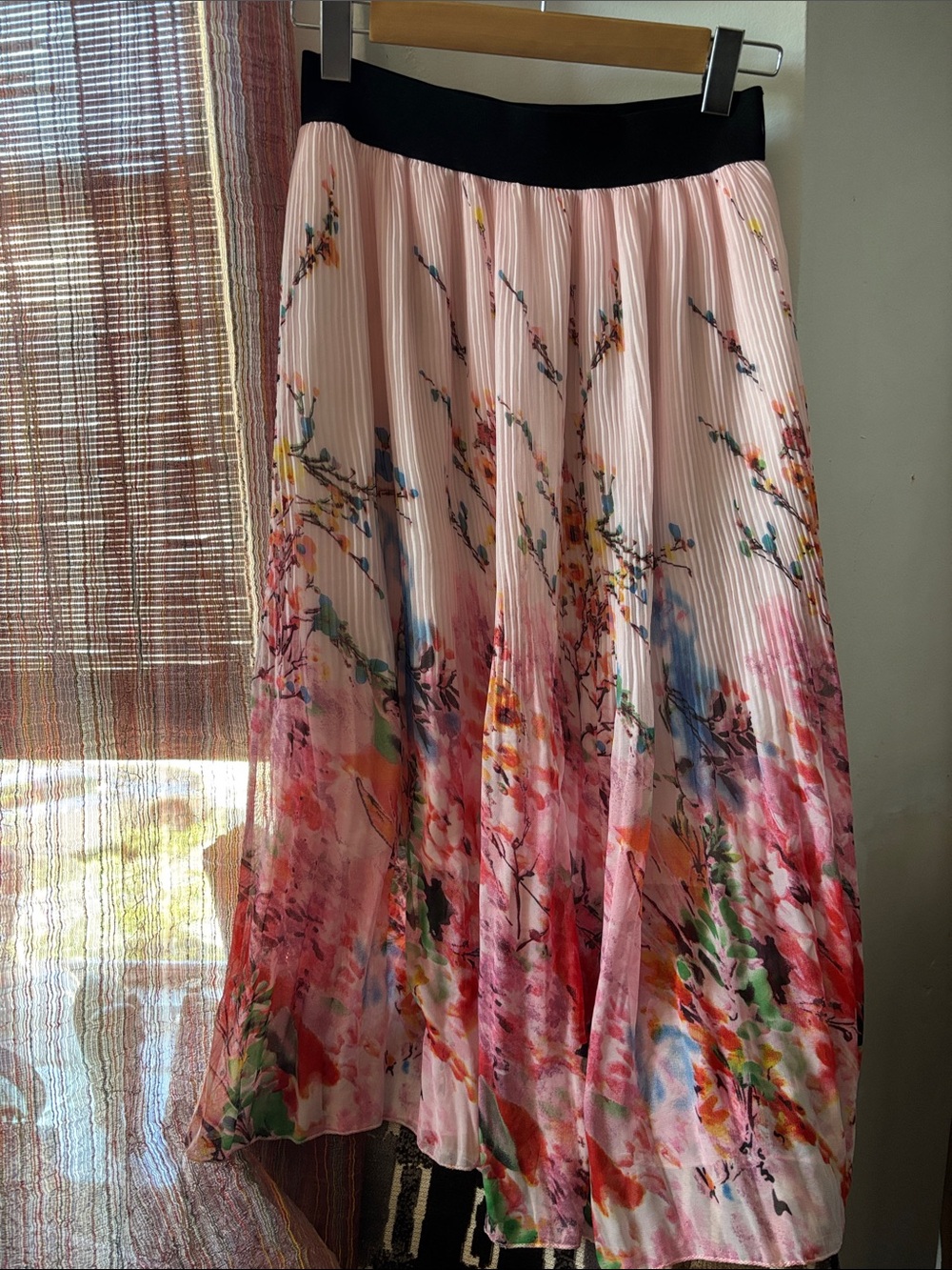Pleated Floral Midi Skirt - Pink Multi